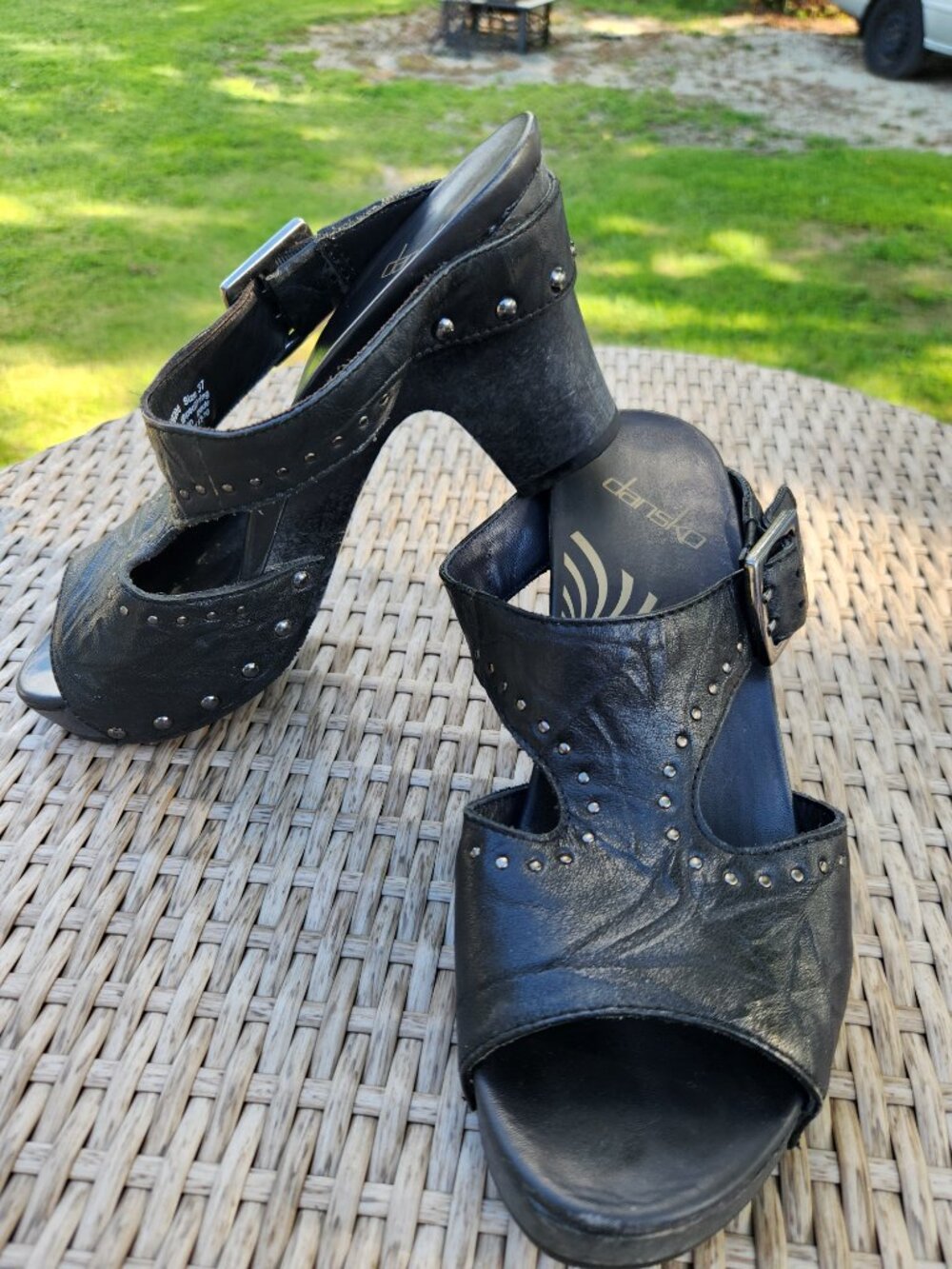 Dansko Black Leather Studded Platform Sandals Block Heel